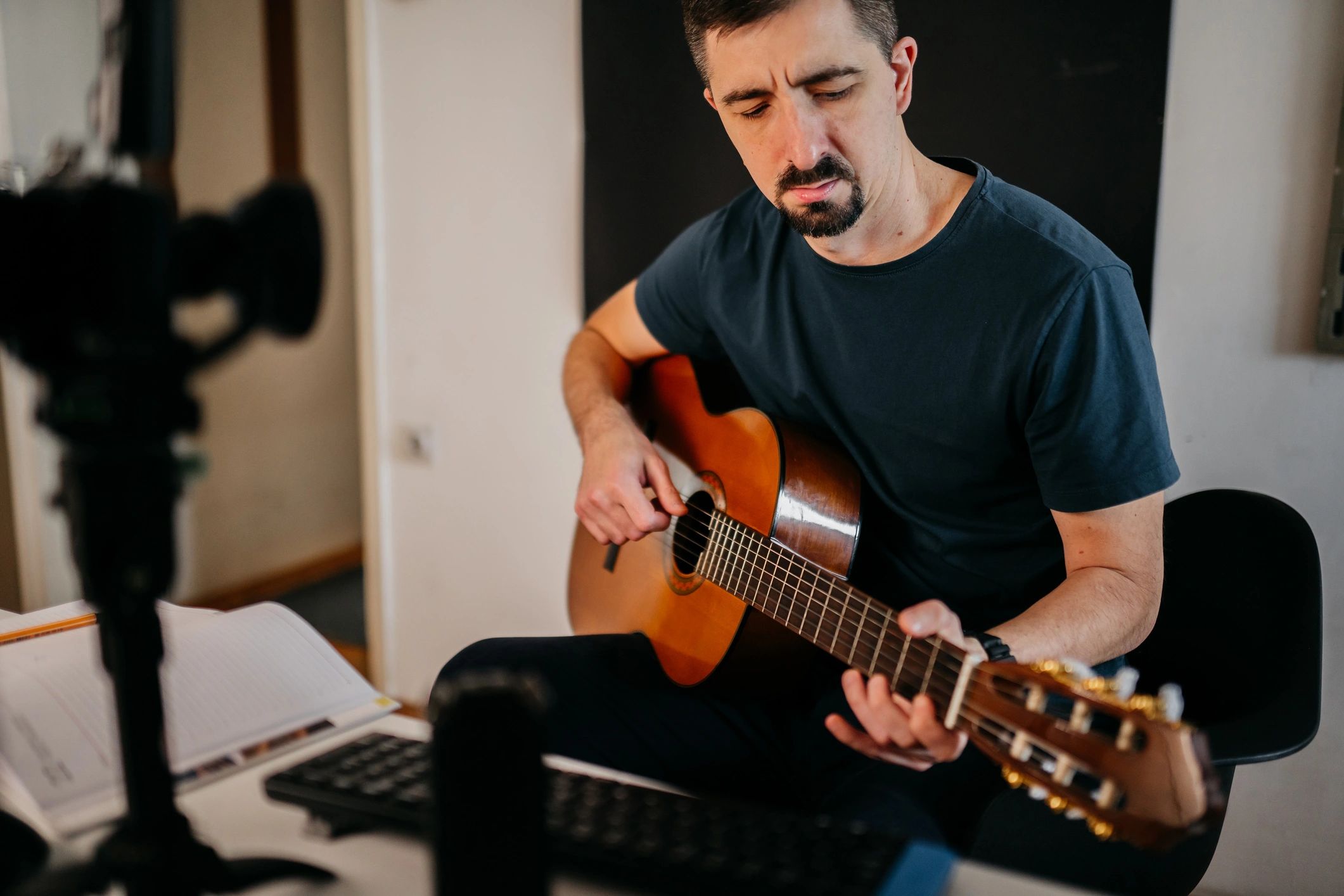 Musician recording and playing guitar